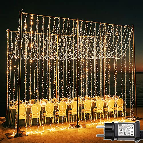 yowin Tenda Luminosa 600 LED 6m x 3m Luci Natale Esterno, 8 Modalità Tenda Luci Natale IP65 Impermeabile Cascata Luci per Giardino Matrimonio Feste Interno Addobbi Natalizie - Bianco Caldo