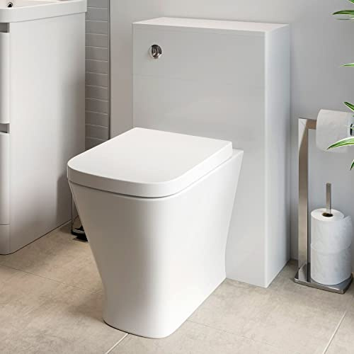 Affine® Modern Bathroom Cloakroom Back to Wall BTW Toilet WC 500mm Slim Furniture Unit Square Pan Soft Close Seat Dual Flush Cistern, White Gloss