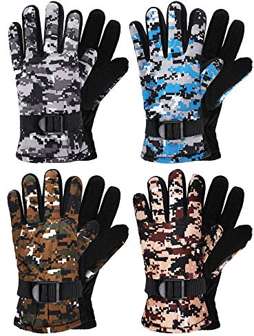Geyoga 4 Paar Kinder Winter Skihandschuhe wasserdichte Schneehandschuhe Winddichte Camo Handschuhe, 4 Farben (4 bis 8 Jahre Alt)