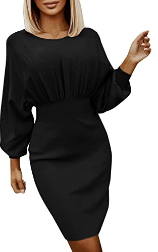 PAIDAXING Abiti Premaman Casual Donna Autunno e Inverno Tinta unita Grande Maglia Manica Manica A Pipistrello Gonna Lungo Dressy Maxi Abiti per Le Donne, Nero , L