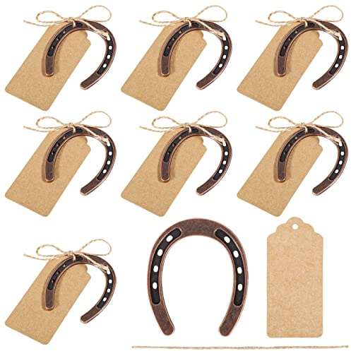8-tlg. Hufeisen Deko Set, 6x7cm Hufeisen Glücksbringer | Hufeisen Geschenk mit Hanfseil Kraftpapieranhänger Kleine Hufeisen zum Basteln Kindergeburtstag Glücksbringer Hochzeit Deko