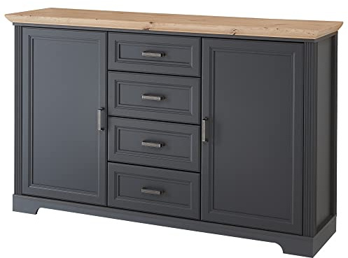 Stella Trading JASMIN Sideboard in Graphit, Artisan Eiche Optik - Kommode im Landhausstil mit Schubladen und viel Stauraum - 165 x 102 x 41 cm (B/H/T)