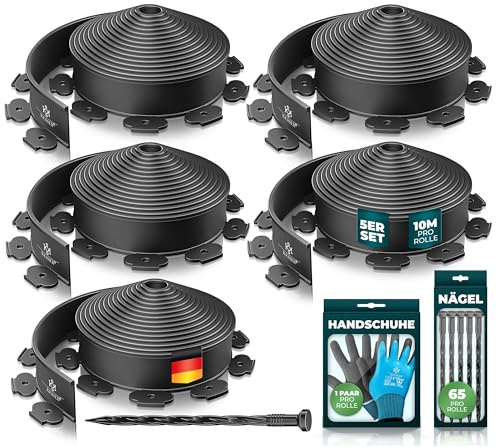 KESSER® Bordure de pelouse en Plastique Souple-Longueur : 50 m - Hauteur : 5 cm - avec 250 ancrages au Sol + 5 Paires de Gants - Bordure de Parterre de Fleurs-Bordure Fleurie-Bordure tondre-Palissade