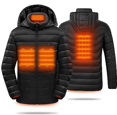 HEWINZE Giacca riscaldata da uomo con cappuccio, piumino caldo da donna con batteria da 7,4 V, giacca invernale per escursioni all'aria aperta, caccia, moto, campeggio