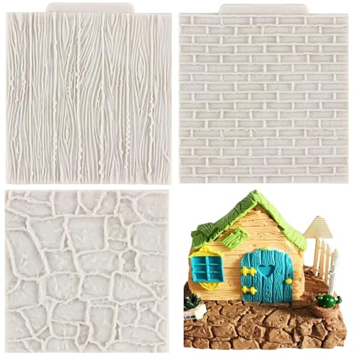 MYPRACS 3 Stück Stein Ziegel Wandstruktur Fondant Formen Holzmaserung Baumrinde Silikon Abdruckmatte für DIY Kuchendekoration Cupcake Topper Schokolade Polymer Ton Gummipaste
