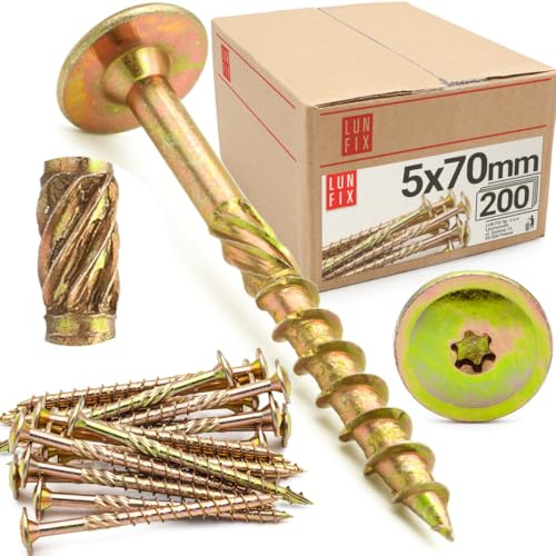 Lun Fix Tellerkopfschrauben 5x70 200 Stk TX40 Torx Fräsrippen | Gelb Verzinkt Holzschrauben Terrassenschrauben Spanplattenschrauben Selbstschneidende Schrauben