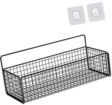 JISADER Cestino da Parete sospeso per riporre Oggetti, Organizer da Parete, Ripiani a Muro, Robusto Cestino in Filo di Acciaio per Cucina, Bagno, L Nera con Adesivo