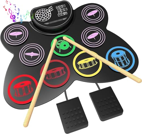 schlagzeug elektronisch、schlagzeug kinder 9 Drum Practice Pads with Headphone Jack, Drum Pedals and Drum Sticks with Built-in Speakers, 10 Hours Playtime