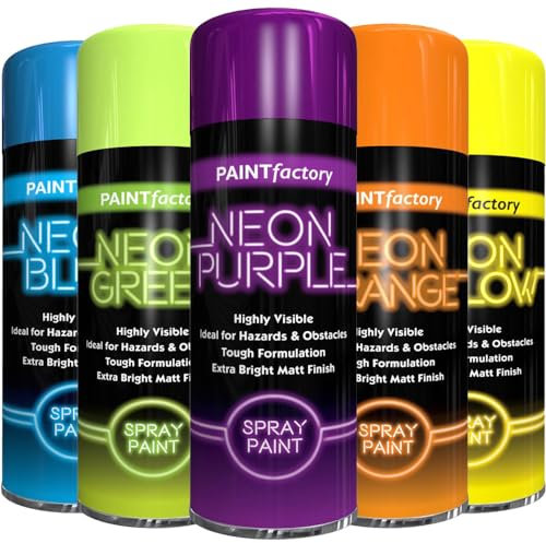 AlezyB 5 Mix Cans Fluorescent Neon Spray Paint Multipurpose Aerosol DIY Graffiti (Banksey) N0 CFCs Extra Bright Assorted Colours Paint Blue Green Orange Pink Yellow Red Purple 200ml - A5