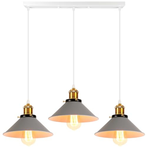 Pendelleuchte 3 Flammige Hängeleuchte Vintage Industrielle Hängelampe E27 Deckenleuchte Retro Design Lampenschirm 220mm Edison Lampe für Küche Esszimmer Schlafzimmer Flur (Grau-eine Stange 50cm)