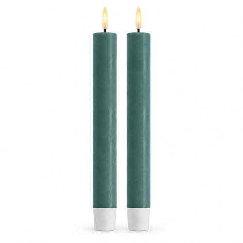 ReWu LED Stabkerze 2er Deluxe Homeart, Indoor LED-Stabkerze mit Realistischer Flamme auf einem Echtwachsspiegel, Warmweißes Licht, Jade Green, 24 cm, Echtwachs