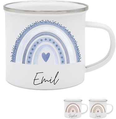 wunderwunsch - Personalisierte Emaille-Tasse für Mädchen - Schulanfang Geschenk, Kindergarten (Regenbogen Blau)