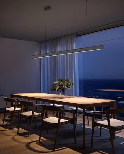 Bellastein LED Pendelleuchte Esstisch Hängeleuchte Holz Mit Fernbedienung, Moderne Linear Design Höhenverstellbar Küchenlampe Hängend, Hängelampe Schwarz Für Büro Esszimmer Esszimmerlampen (120 cm)