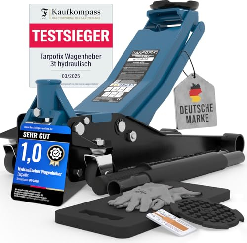 Tarpofix® Wagenheber 3t hydraulisch mit Doppelzylinder [FAZ Testsieger] | Premium hydraulischer Wagenheber für tiefergelegte Autos & SUV bis 3000 kg | Hydraulik Rangierwagenheber flach