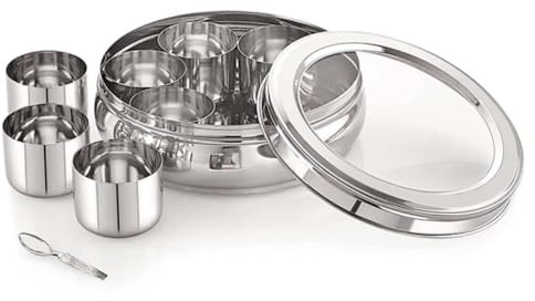 See Through Stainless Steel High Grade Spice Container 7 Containers and Small Spoon See Through Masala Box Indian Masala Dabba | Stainless Steel Spice Box Indian with Transparent Lid (Belly, Small)