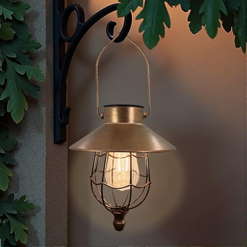 Solar Lanterns Hanging Outdoor Metal Vintage Lantern Warm White Solar Lights lamp Waterproof Edison Bulb Design for Pathway Garden Patio Yard Tree Decoration (1 Pack Copper)