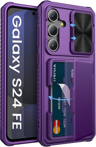 Vihibii for Samsung Galaxy S24 FE Case with Card Holder (4 Cards) [RFID Blocking]& Sliding Camera Cover &, Shockproof Rugged Hard Back & TPU Edge Wallet Case for Galaxy S24 FE 6.7 2024, Dark Purple