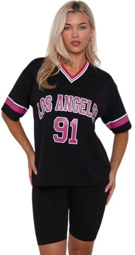 RAIS Dam överdimensionerad LA 91 Varsity fotboll t-shirt sport jersey topp Los Angeles 91 – hängande axel kortärmad, Svart, S/M