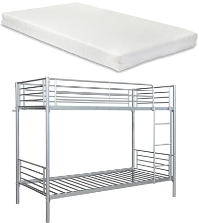 [en.casa] Metall-Etagenbett Soppsar mit 2 Matratzen 200x90 cm Bett Hochbett mit Leiter Stockbett für Gästezimmer Kinderbett Silber