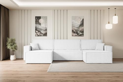 ALTDECOR Ecksofa mit Schlaffunktion und Bettkasten Corner Sofa Eckcouch Couch U-Form universal, Links/rechts Schlafcouch Ausziehbar Wohnlandschaft Schlafsofa Celtic-XLU - 377x143x83cm Weiß