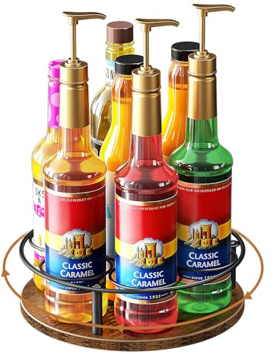Nuovoware Support Rotatif 7 Bouteilles Sirop Café, Support en Acier au Carbone avec Base en Bois Support pour Bouteilles de Sirop de Café pour Sirops Aromatisés Thermos Liquor de Table, Noir+Marron