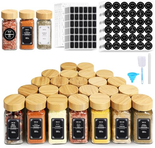 TrustKK Set di barattoli per spezie, 24 pezzi, 120 ml, con coperchio in bambù, barattoli per spezie con etichette e accessori