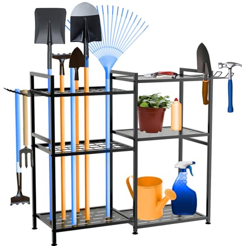 Gartenwerkzeug Organizer mit 4 Haken, Metall Gartengerätehalter für Besen Mop Rechen Schaufel, Gartenwerkzeug aufbewahrung für Garten und Garage Garagen, garten organizer (Schwarze, 84x30x80 cm)