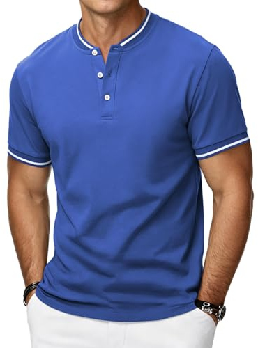 HMIYA Poloshirt Herren Kurzarm Atmungsaktiv Baumwolle Sommer Henley Knopfleiste Kontrastierender Einfassung Basic Golf T-Shirts