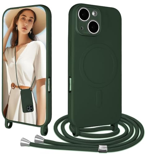 Galful Handykette Handyhülle für iPhone 13/iPhone 14 Hülle Magnetisch mit Band Kette Dünn TPU Silikon Case Necklace Schutzhülle mit Abnehmbar Handyband zum umhangen Stoßfest Cover-Dunkelgrün
