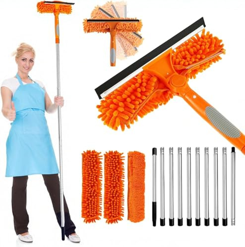 Window Cleaning Tool 2-in-1,Extendable Telescopic Window Cleaner with Silicone Squeegee & Microfiber Scrubber, Rotatable & Bendable Head, for Home, Balcony, and Glass Shower Doors