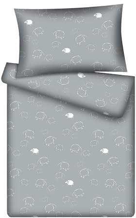 KiGATEX Kinderbettwäsche-Set, Schafe weiß/grau, 100x135+40x60 cm, Baumwolle | 100% Baumwoll, Weiche Bettwäsche für Kinderbett, mit Reißverschluss, atmungsaktiv, pflegeleicht und waschbar bei 60°C