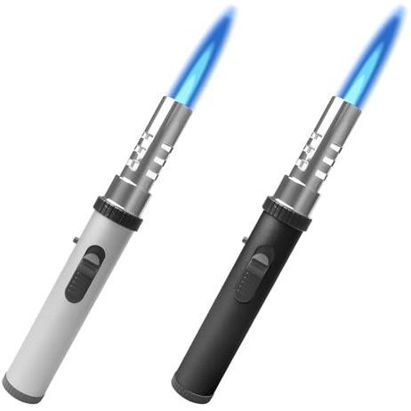 2 accendini a gas ricaricabili: accendino a stelo in metallo antivento con blocco di sicurezza e fiamma regolabile, accendino tempesta per cucina, barbecue, candele, campeggio, senza gas (nero/argento