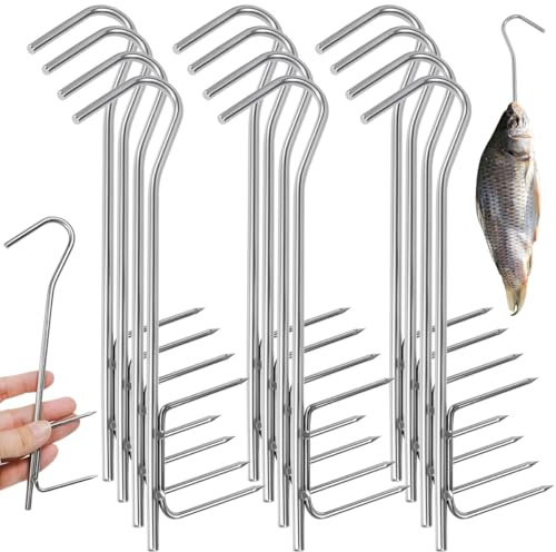 UHETLET 12 Stück Räucherhaken Fisch Edelstahl Doppelhaken zum Fisch Räuchern 21cm H-Form Räuchern Zubehör Forelle Fleischhaken Fischhaken Fleischerhaken zum Aufhängen von Fisch Lachs Fleisch Wurst