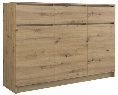 CDF Kommode Artisan 3 Türen 3 Schubladen Komode & Sideboards Schmal Schubladenkommode Sideboard 75 cm Hoch Wohnzimmer Komodenschrank 40x120x75 für Schlafzimmer Arbeitszimmer Flur Schubladenschrank