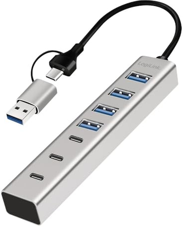 Logilink 076271 USB 3.2-hubb 4 portar USB-A och 3 USB-C-portar Gjuten aluminium Silver