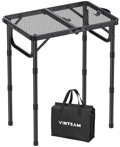 VINTEAM Camping Folding Grill Table | 3 Adjustable Heights | Lightweight, Portable Aluminum Table for BBQs, Picnic, and Outdoor Use | Mesh Desktop, 66lbs Weight Capacity