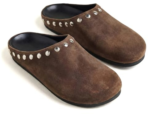 RBTHOLP Suede Clog Mules for Women Slip On Comfort Studded Clogs Soft Faux Suede Flat Mules with Metal Studs Accent Fall Daily Shoes