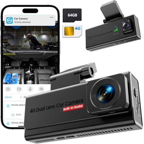 4G LTE Dashcam con SIM, Camara Vigilancia Coche Antivandalismo con GPS Tracker, Modo Parking 24/7, Alertas Movimiento IA, Acceso Remoto & Audio Bidireccional, SD/Cloud, Antirrobo para Flotas y Familia