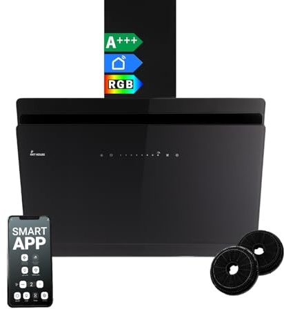 KKT KOLBE A+++ Hotte aspirante 80 cm 782 cbm/h, recirculation, sans tête, hotte murale | verre noir | automatique | application WiFi intelligente | SensorTouch | éclairage LED RGBW |