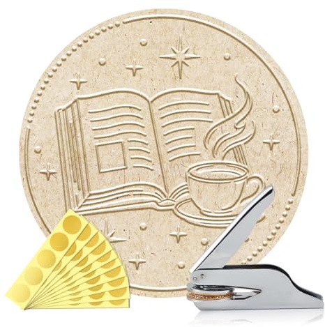 ANATTASOUL Embosseur de Livres Personnalisé Tampon Livres et Café,Tampon Bibliothèque Durable avec Poignée pour Livres, Enveloppes, Documents,Invitations(100 Autocollants Dorés Inclus)