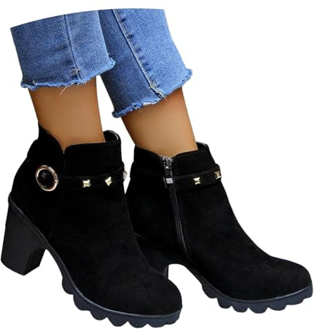 Mocka-ankelstövlar for Vintern Korta Stövlar Med Nit for Kvinnor Eleganta Ankelboots Med Blockklack 2025 Nya Stövlar Med Spänne Dam Vintage Ankelskor for Arbete, Utomhus, Fest(Black,41 EU)