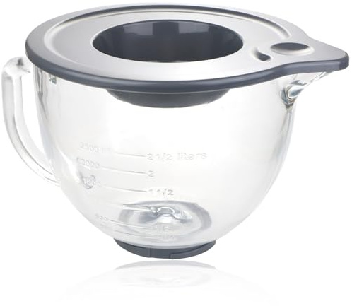 Spares2go 4.7L Glass Mixing Bowl Jug with Pouring Spout for KitchenAid Stand Mixer K40 5KSM5GB + Lid Seal Cover