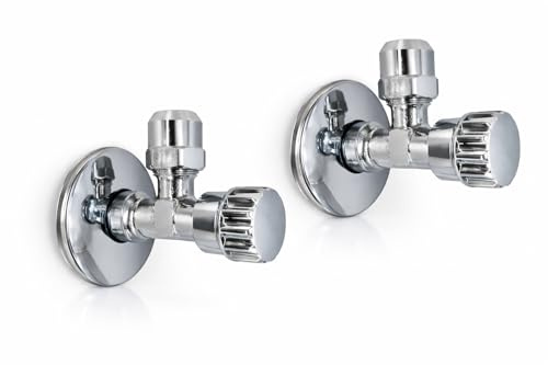 2er Set Eckventil 1/2 Zoll x 3/8 Zoll selbstdichtend aus Messing mit Wandrosetten & Dichtungen Absperrventil