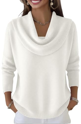 Pull tricoté à col bénitier pour femme - Pull drapé à manches longues - Coupe décontractée - Pull en tricot côtelé en peluche douce - Élégant - Pull décontracté et ample - Hauts en tricot, blanc, M
