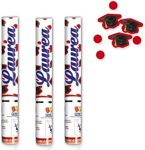 3X Cannone Tubo Sparacoriandoli LA MIA Laurea coriandoli Rossi e Cappello Laurea (Tocco), per Compleanno, Anniversario, Matrimonio, Matrimonio Civile, Feste o Party