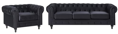 Klassisk Chesterfield 3-sits + Fåtölj Soffgrupp Sammet Svart Chesterfield