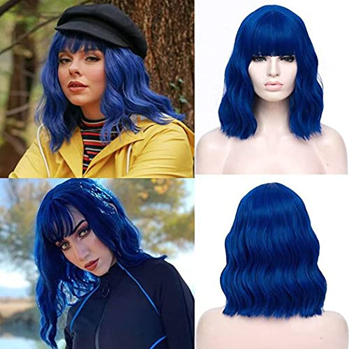 TANTAKO® Kort Blå Peruk För Kvinnor Korta Vågiga Blå Bob Peruker Med Smäll Syntetisk Cosplay Peruk Halloween Kostym Kvinnor Peruk (Blå # 0289)