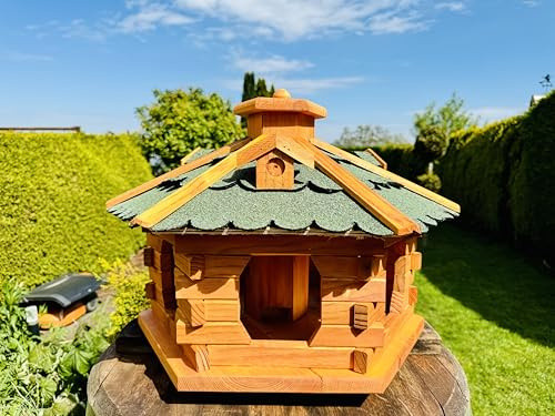 DARLUX Handgefertigtes sechseck Holz Vogelhaus M-XXL mit und ohne Ständer | Futterhaus I Futterhäuschen I wetterfest I Bitumdach (Größe XL ohne Ständer, Grün - Braun)