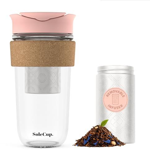 SoleCup. Large Travel Mug Loose Tea Infuser - Detachable Tea Strainer with Spill Proof Lid - 18oz/530ml BPA-Free Reusable Glass Travel Coffee Cup with Cork Band (Pink, 530ml / 18oz)