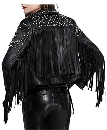 YXYECEIPENO Schwarze Street-PU-Lederjacke Kurze Bikerjacke Aus Leder Mit Nieten Und Fransen Atmungsaktives Futter, Geeignet for Frühling Und Herbst